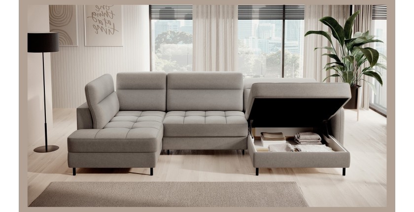 Canapé d’angle convertible BERTHO 306 cm gris clair – Angle droit avec coffre 