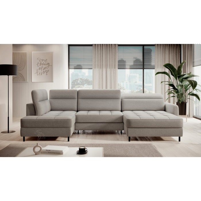 Canapé d’angle convertible BERTHO 306 cm gris clair – Angle droit avec coffre 