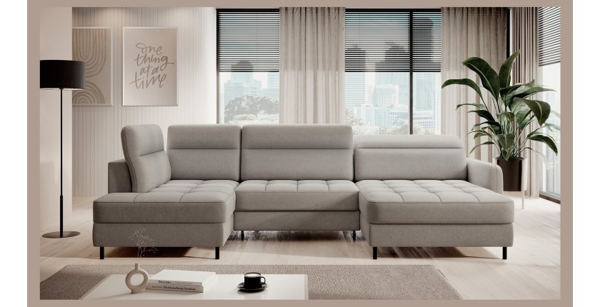 Canapé d’angle convertible BERTHO 306 cm gris clair – Angle droit avec coffre 