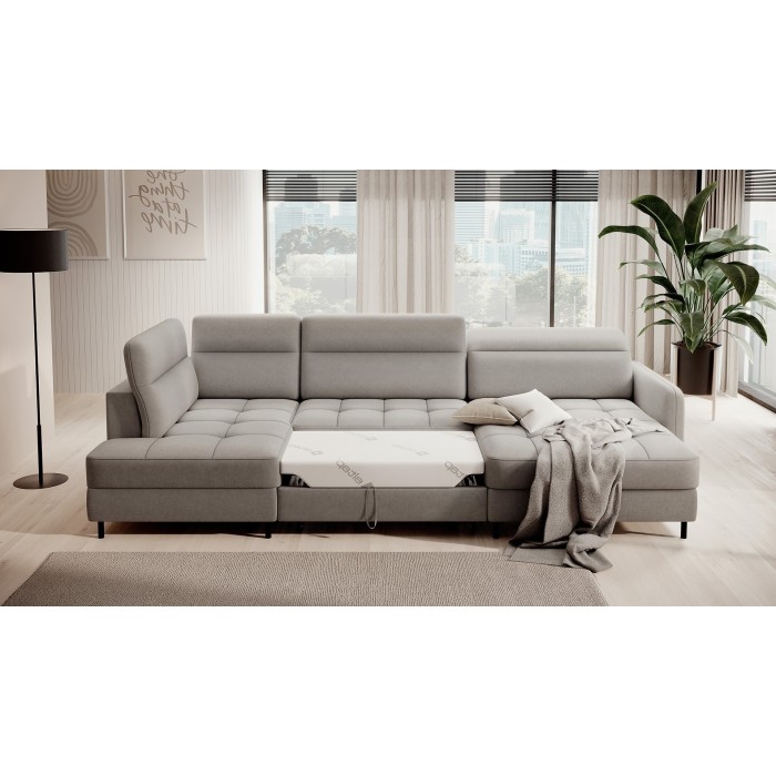 Canapé d’angle convertible BERTHO 306 cm gris clair – Angle droit avec coffre 