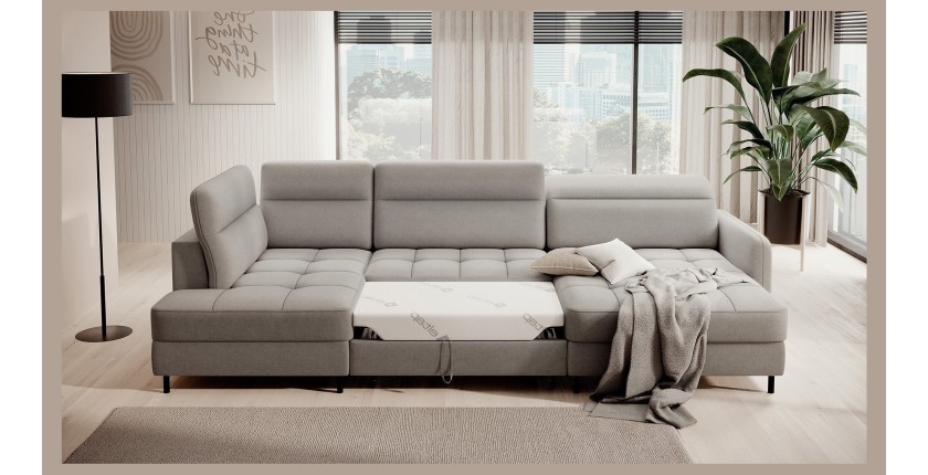 Canapé d’angle convertible BERTHO 306 cm gris clair – Angle droit avec coffre 