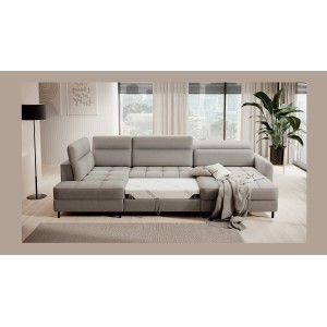 Canapé d’angle convertible BERTHO 306 cm gris clair – Angle droit avec coffre 