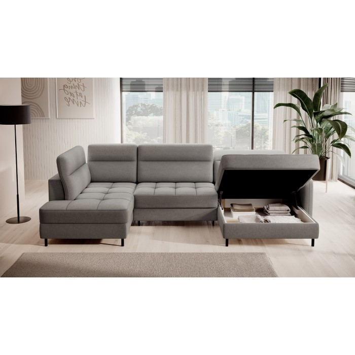 Canapé d’angle convertible BERTHO 306 cm gris – Angle droit avec coffre 