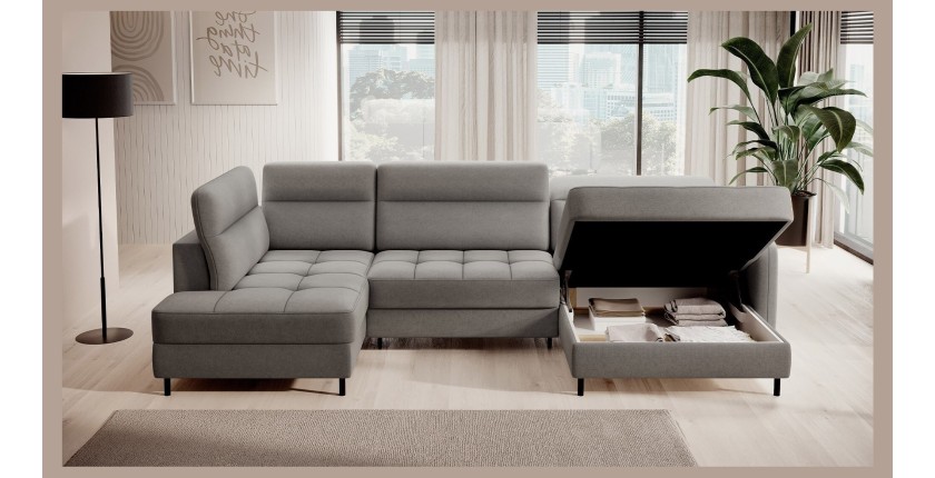 Canapé d’angle convertible BERTHO 306 cm gris – Angle droit avec coffre 