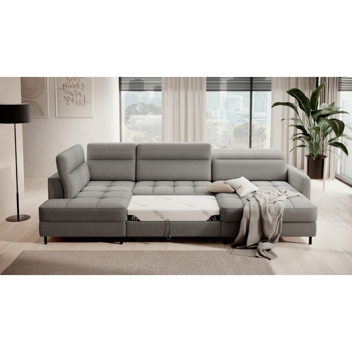 Canapé d’angle convertible BERTHO 306 cm gris – Angle droit avec coffre 