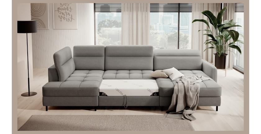 Canapé d’angle convertible BERTHO 306 cm gris – Angle droit avec coffre 
