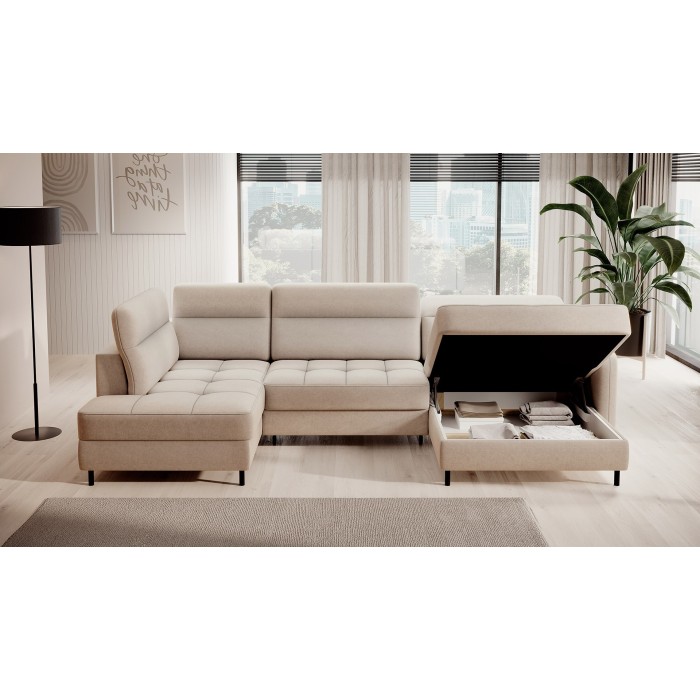 Canapé d’angle convertible BERTHO 306 cm beige – Angle droit avec coffre 