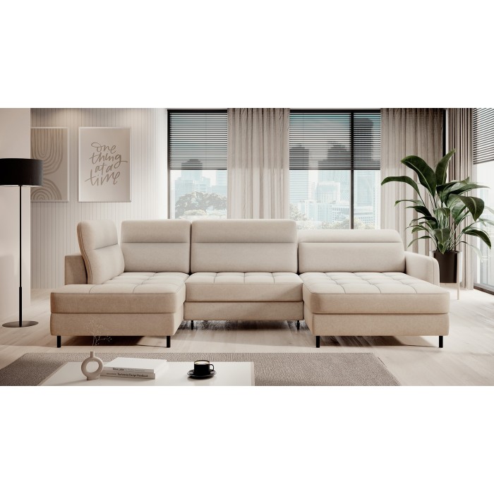 Canapé d’angle convertible BERTHO 306 cm beige – Angle droit avec coffre 