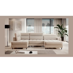 Canapé d’angle convertible BERTHO 306 cm beige – Angle droit avec coffre 