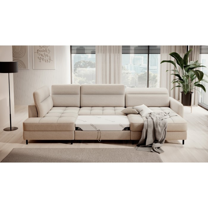 Canapé d’angle convertible BERTHO 306 cm beige – Angle droit avec coffre 