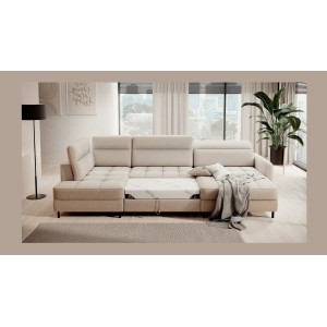 Canapé d’angle convertible BERTHO 306 cm beige – Angle droit avec coffre 
