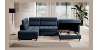 Canapé d’angle convertible BERTHO 306 cm bleu nuit – Angle droit avec coffre 