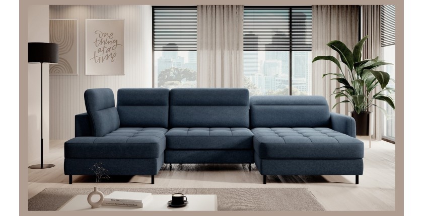 Canapé d’angle convertible BERTHO 306 cm bleu nuit – Angle droit avec coffre 