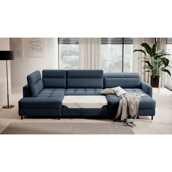 Canapé d’angle convertible BERTHO 306 cm bleu nuit – Angle droit avec coffre 
