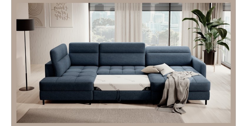 Canapé d’angle convertible BERTHO 306 cm bleu nuit – Angle droit avec coffre 