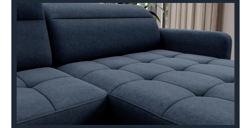 Canapé d’angle convertible BERTHO 306 cm bleu nuit – Angle droit avec coffre 