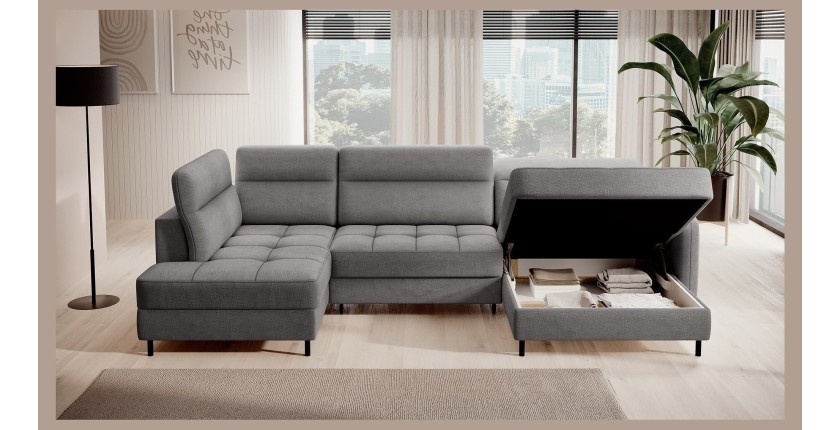 Canapé d’angle convertible BERTHO 306 cm gris foncé chenillé – Angle droit avec coffre 