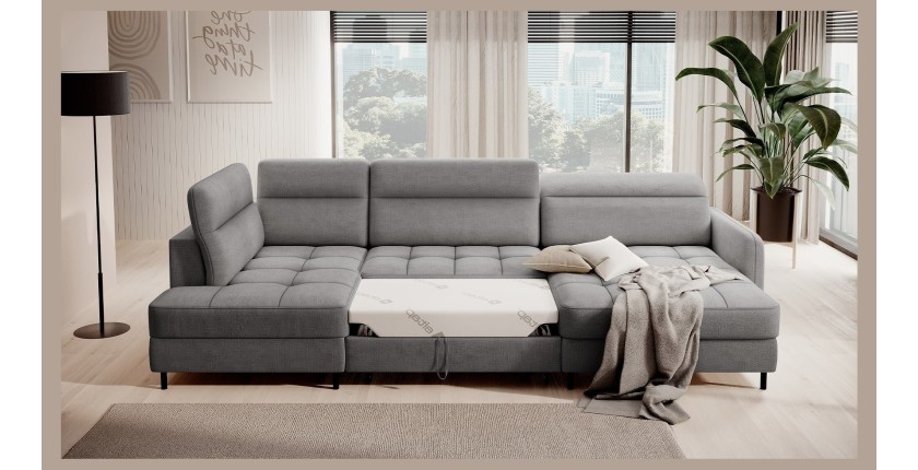 Canapé d’angle convertible BERTHO 306 cm gris foncé chenillé – Angle droit avec coffre 