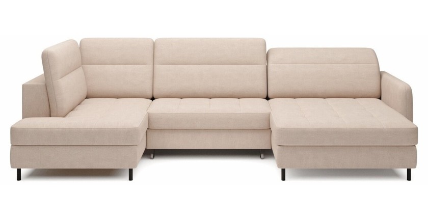 Canapé d’angle convertible BERTHO 306 cm beige crème chenillé – Angle droit avec coffre 