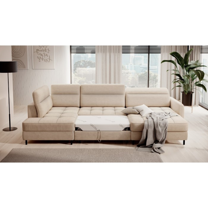 Canapé d’angle convertible BERTHO 306 cm beige crème chenillé – Angle droit avec coffre 