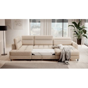 Canapé d’angle convertible BERTHO 306 cm beige crème chenillé – Angle droit avec coffre 
