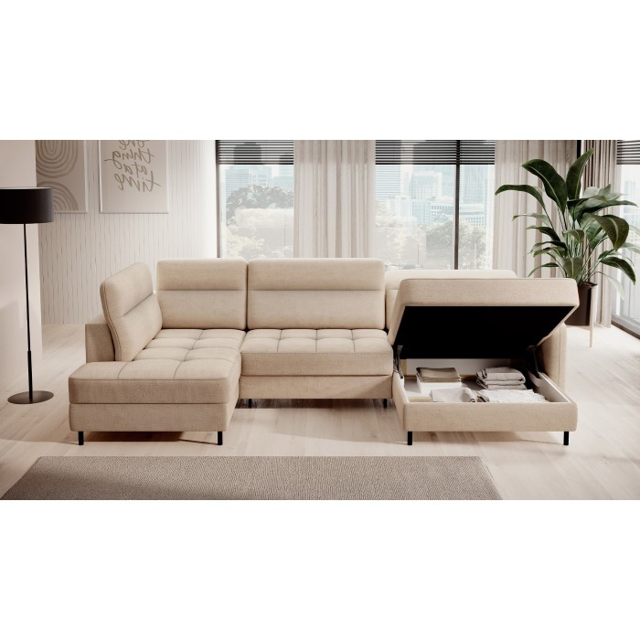 Canapé d’angle convertible BERTHO 306 cm beige crème chenillé – Angle droit avec coffre 