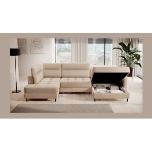 Canapé d’angle convertible BERTHO 306 cm beige crème chenillé – Angle droit avec coffre 