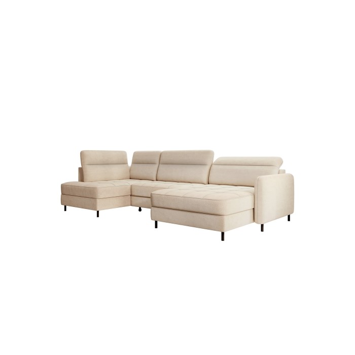 Canapé d’angle convertible BERTHO 306 cm beige crème chenillé – Angle droit avec coffre 