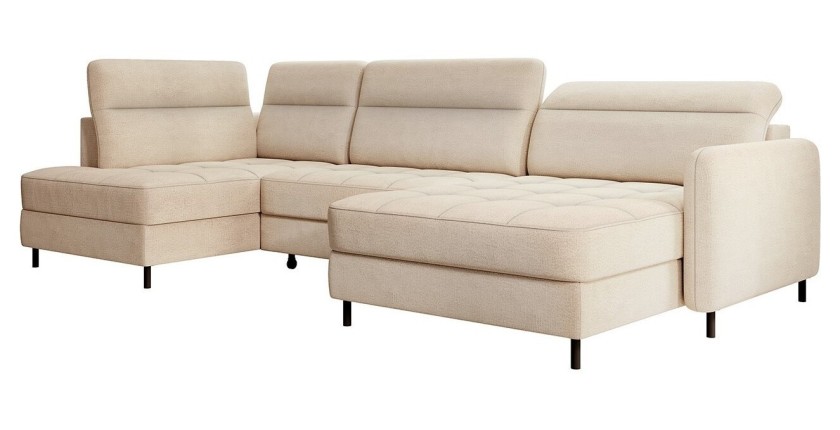 Canapé d’angle convertible BERTHO 306 cm beige crème chenillé – Angle droit avec coffre 