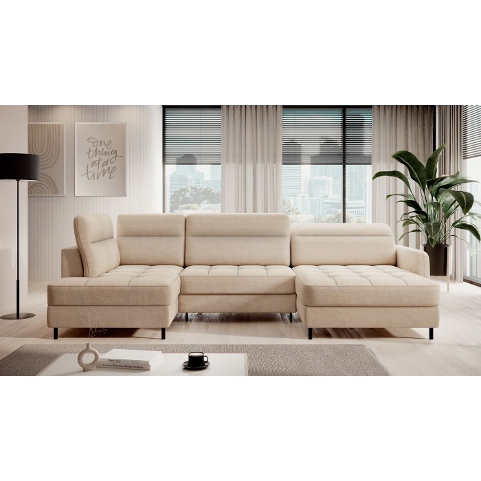 Canapé d’angle convertible BERTHO 306 cm beige crème chenillé – Angle droit avec coffre 