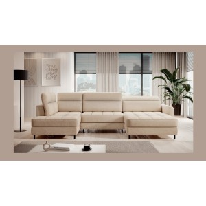 Canapé d’angle convertible BERTHO 306 cm beige crème chenillé – Angle droit avec coffre 