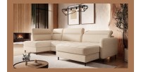 Canapé d’angle convertible BERTHO 306 cm beige crème chenillé – Angle droit avec coffre 