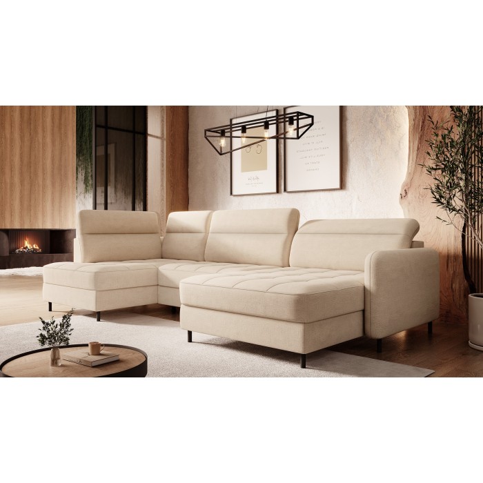 Canapé d’angle convertible BERTHO 306 cm beige crème chenillé – Angle droit avec coffre 