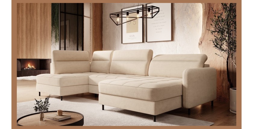 Canapé d’angle convertible BERTHO 306 cm beige crème chenillé – Angle droit avec coffre 