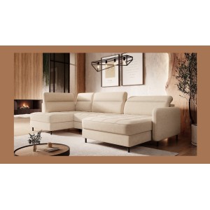 Canapé d’angle convertible BERTHO 306 cm beige crème chenillé – Angle droit avec coffre 