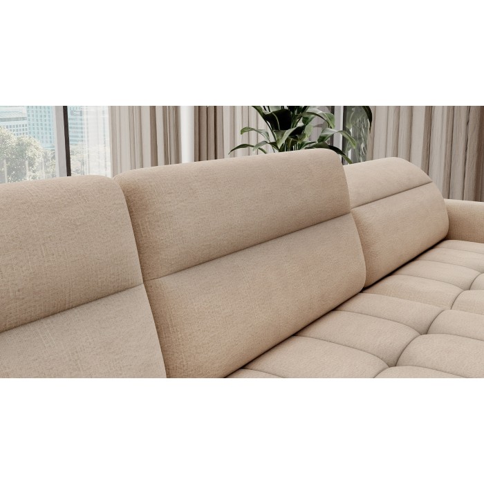 Canapé d’angle convertible BERTHO 306 cm beige crème chenillé – Angle droit avec coffre 
