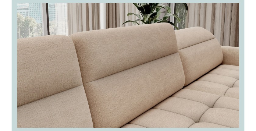 Canapé d’angle convertible BERTHO 306 cm beige crème chenillé – Angle droit avec coffre 
