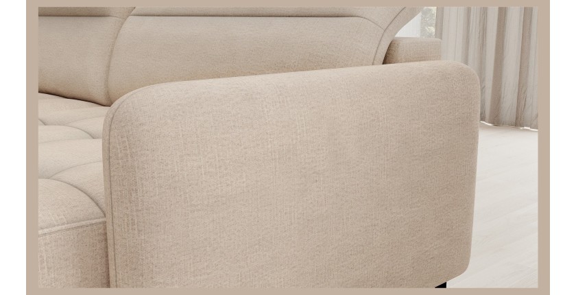 Canapé d’angle convertible BERTHO 306 cm beige crème chenillé – Angle droit avec coffre 