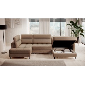 Canapé d’angle convertible BERTHO 306 cm marron clair chenillé – Angle droit avec coffre 