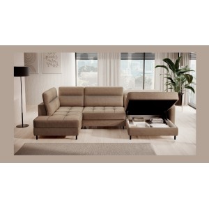 Canapé d’angle convertible BERTHO 306 cm marron clair chenillé – Angle droit avec coffre 