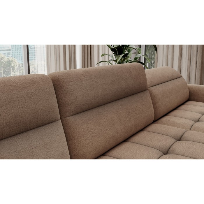 Canapé d’angle convertible BERTHO 306 cm marron clair chenillé – Angle droit avec coffre 