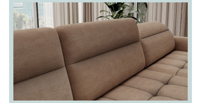 Canapé d’angle convertible BERTHO 306 cm marron clair chenillé – Angle droit avec coffre 