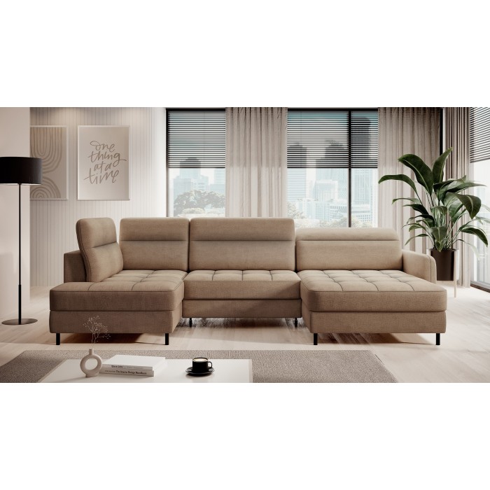 Canapé d’angle convertible BERTHO 306 cm marron clair chenillé – Angle droit avec coffre 