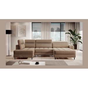 Canapé d’angle convertible BERTHO 306 cm marron clair chenillé – Angle droit avec coffre 