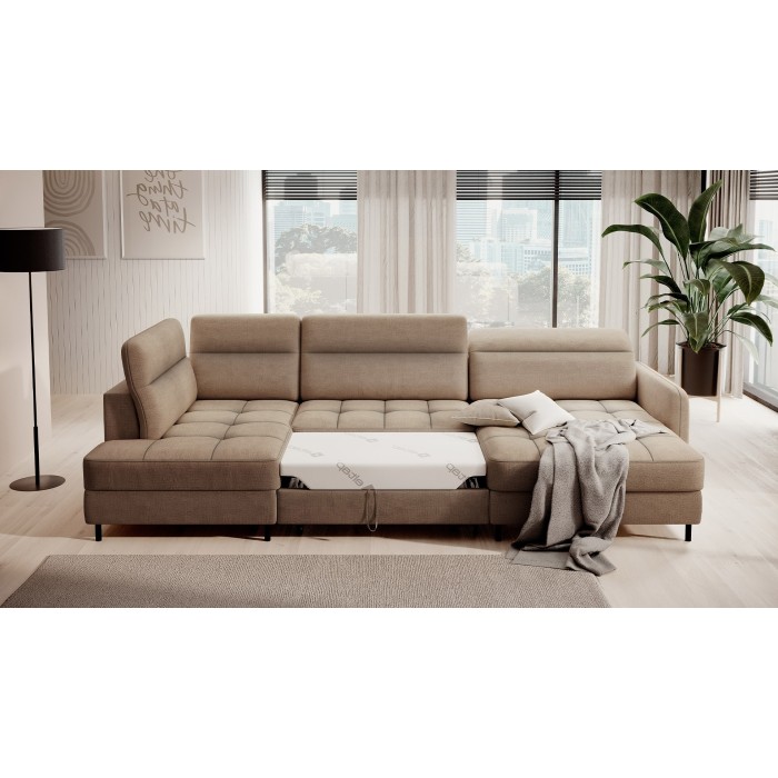 Canapé d’angle convertible BERTHO 306 cm marron clair chenillé – Angle droit avec coffre 
