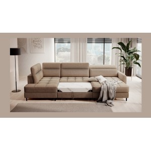 Canapé d’angle convertible BERTHO 306 cm marron clair chenillé – Angle droit avec coffre 