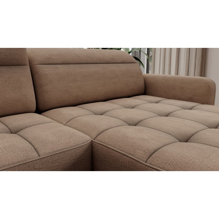 Canapé d’angle convertible BERTHO 306 cm marron clair chenillé – Angle droit avec coffre 