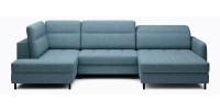 Canapé d’angle convertible BERTHO 306 cm bleu canard chenillé – Angle droit avec coffre 
