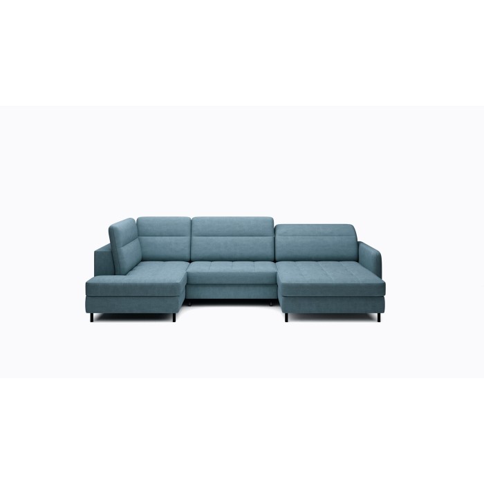 Canapé d’angle convertible BERTHO 306 cm bleu canard chenillé – Angle droit avec coffre 