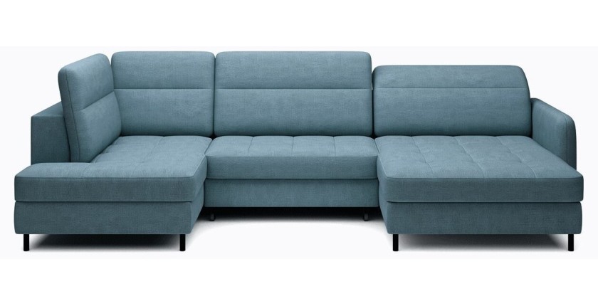 Canapé d’angle convertible BERTHO 306 cm bleu canard chenillé – Angle droit avec coffre 